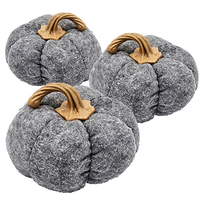 Three plush grey pumpkins with gold stems perfect for fall decor