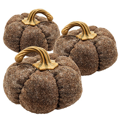 Three fuzzy brown decorative pumpkins with textured golden stems for autumn display