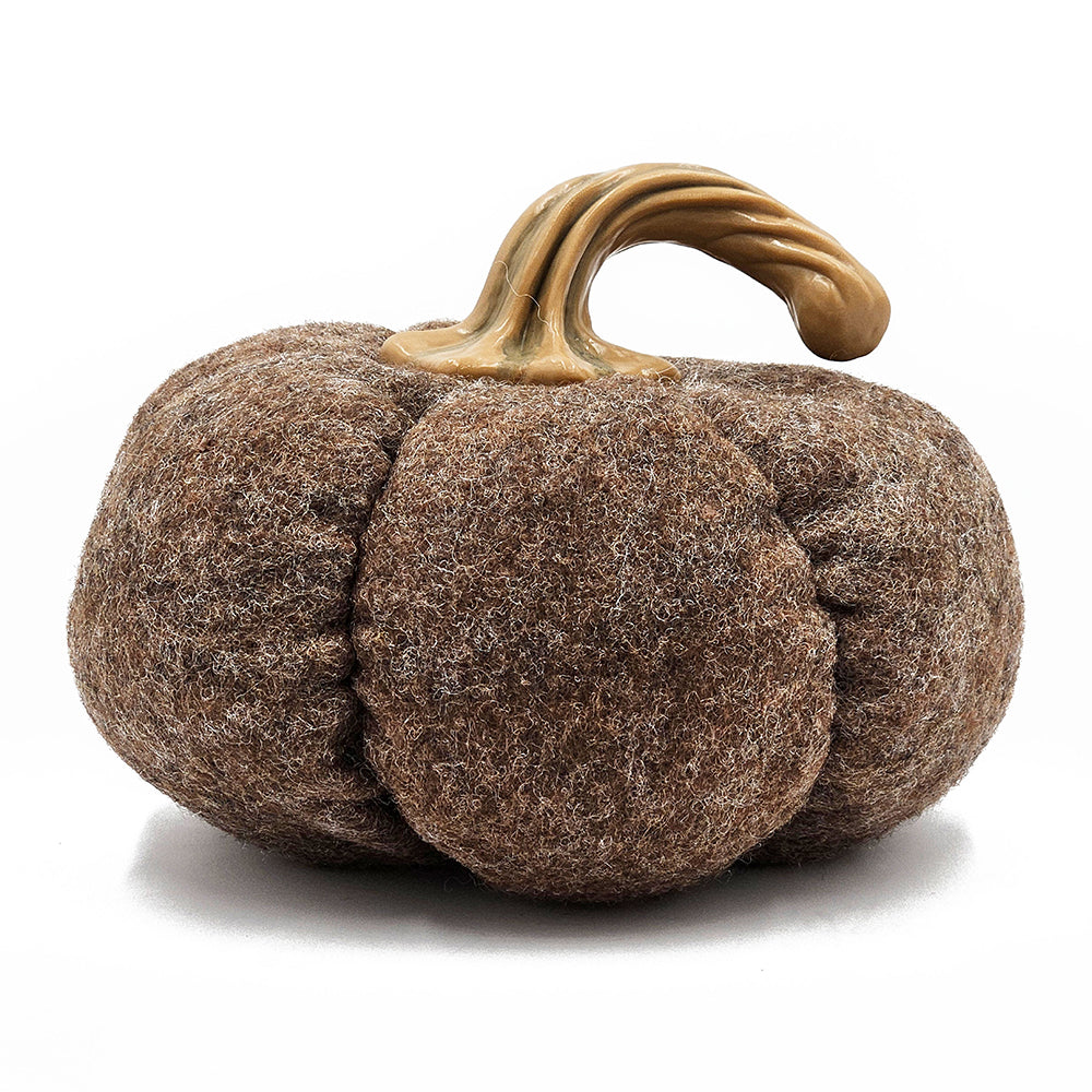 Brown felt pumpkin decoration with textured stem perfect for fall decor
