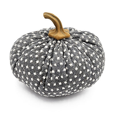 Soft grey knitted pumpkin with white polka dots and a woodlike stem
