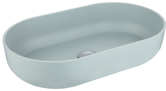 Pale blue oval vessel sink with integrated drain in matte finish