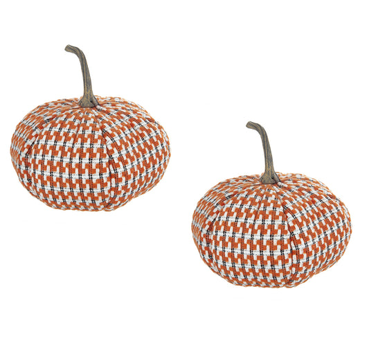 Two fabric pumpkins with orange and white plaid pattern perfect for fall decor