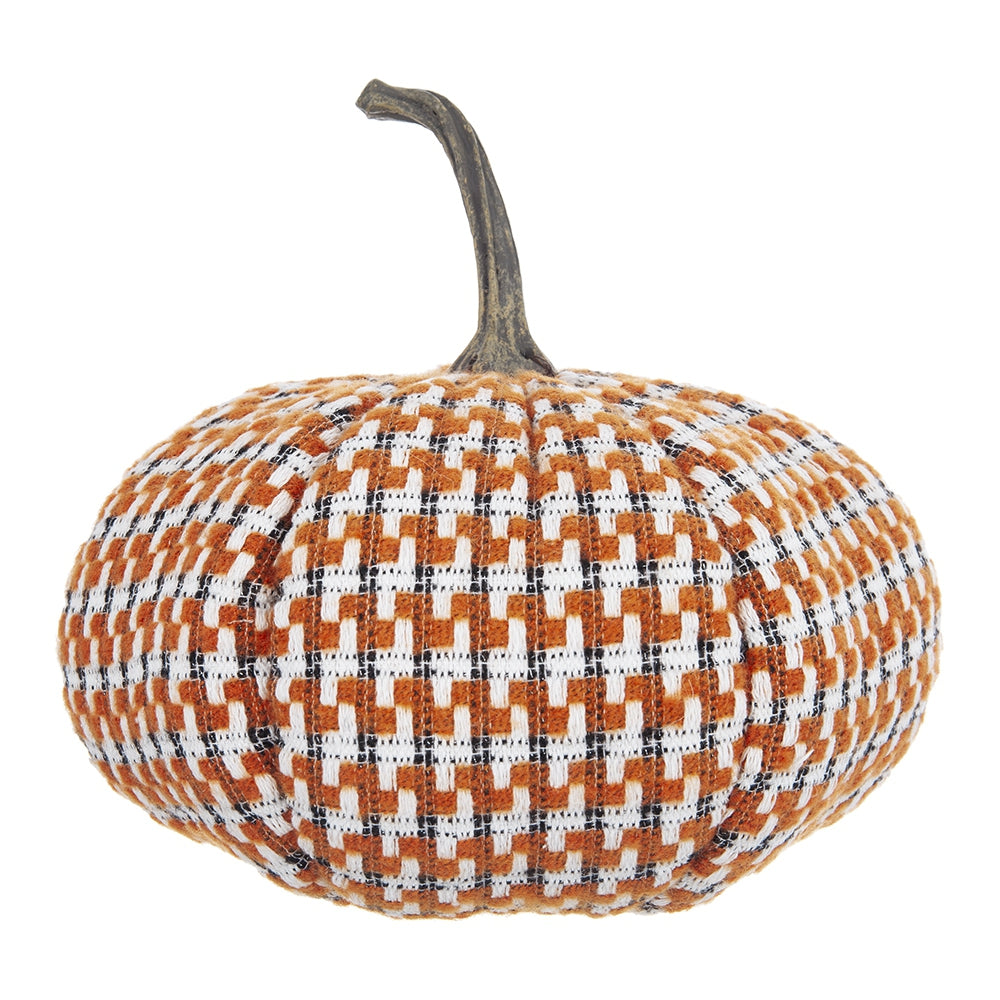 Orange and white patterned fabric pumpkin decoration with textured stem