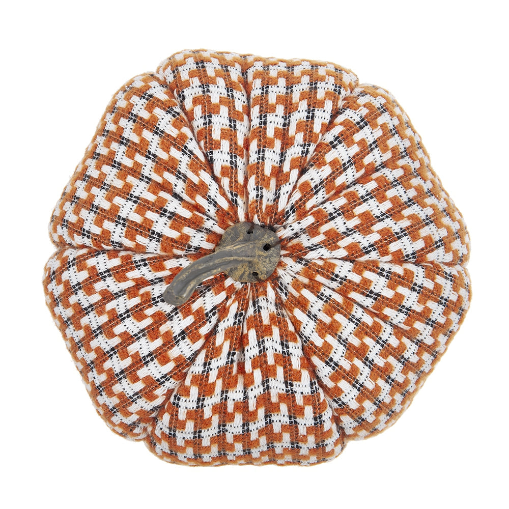 Textured fabric pumpkin decoration in orange and white plaid with rustic stem