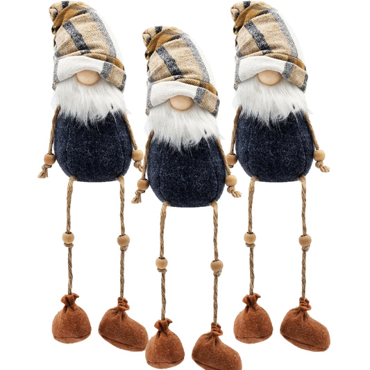 Three plush gnomes with plaid hats white beards dark blue bodies and dangling legs Decorative holiday gnomes