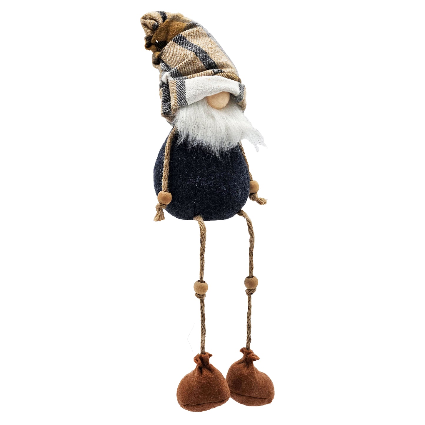 Plush gnome figure with plaid hat and long dangling legs perfect for holiday decor