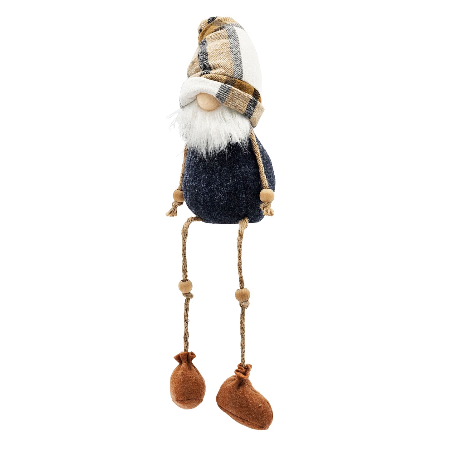 Plush gnome figurine with plaid hat white beard navy body and brown felt boots