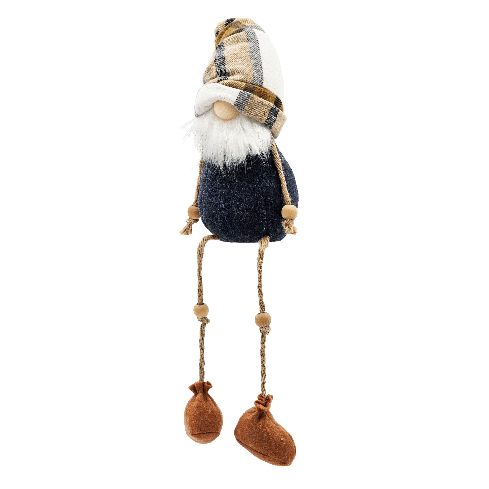 Plush gnome figurine with plaid hat white beard navy body and brown felt boots