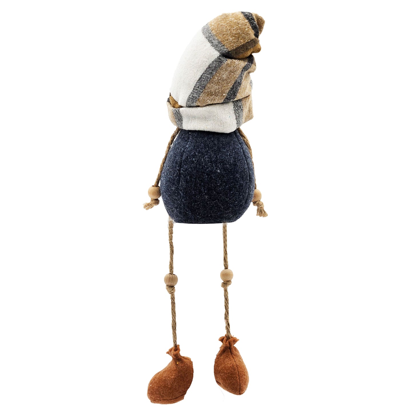 Plush gnome figure with plaid hat and brown felt boots