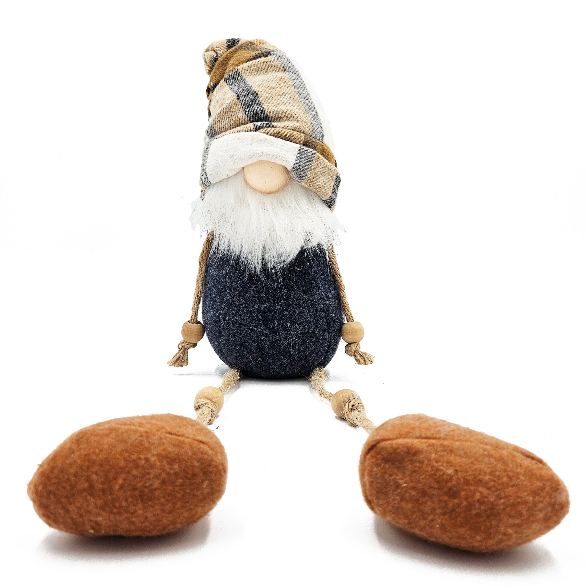 Plush gnome with checkered hat long white beard and dark blue body perfect as a holiday decoration