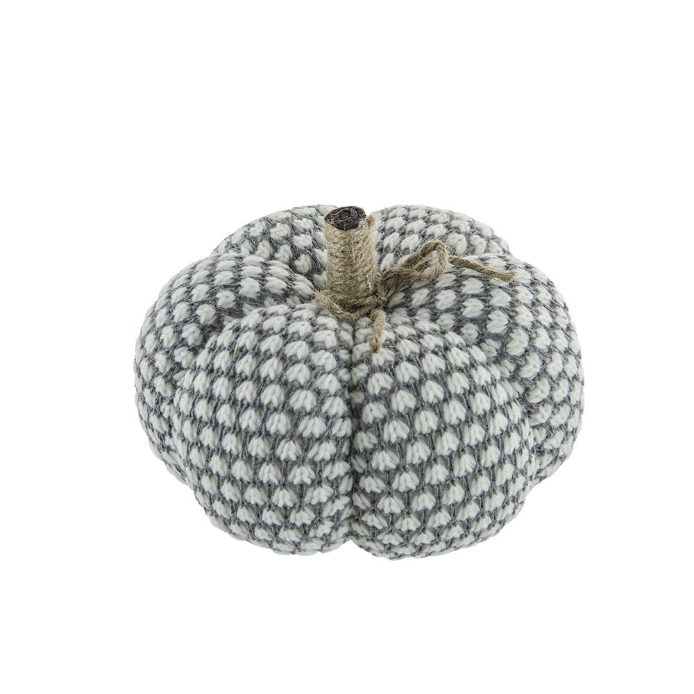 Textured gray and white knit pumpkin with jute stem accent