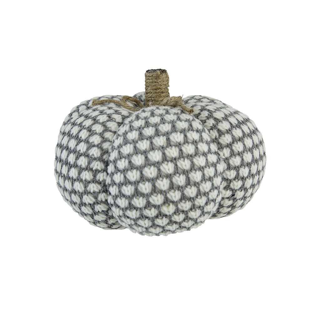 Textured knit pumpkin with gray and white pattern perfect for fall decor