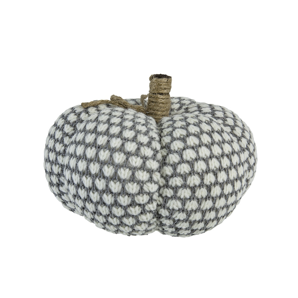 White and gray knit pumpkin decoration with jute stem for fall decor