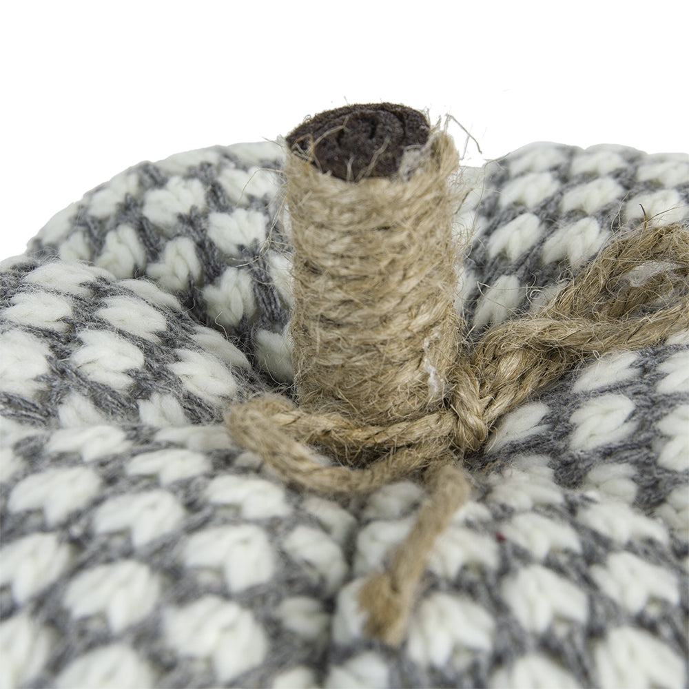 Textured knitted pumpkin with jute stem detail and rustic twine accent