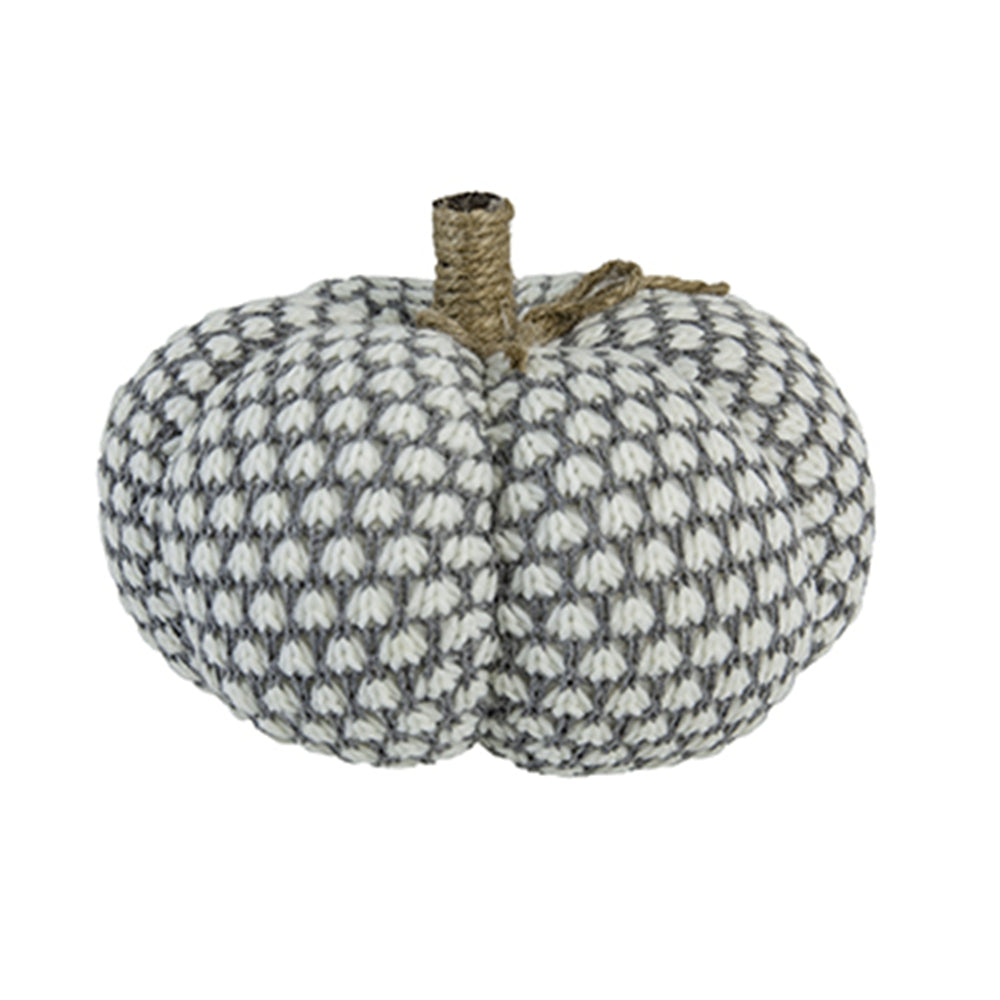 Textured knit pumpkin decor grey and white checkered pattern twine stem fall accent