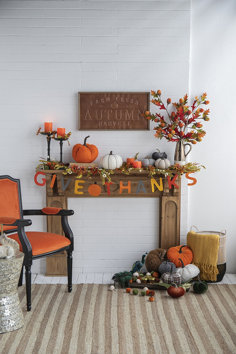 Orange fabric pumpkin with textured surface part of fall decor display