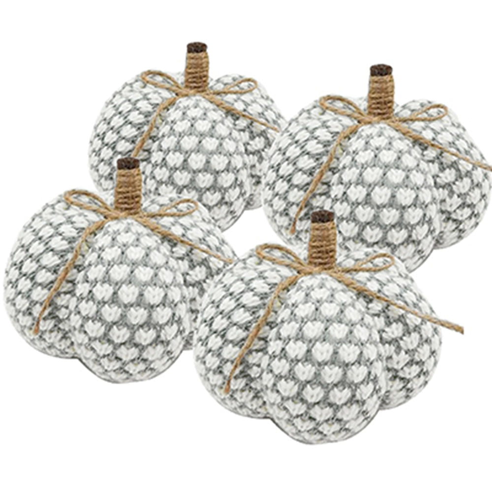 Set of  fabric pumpkins white and gray knitted heart pattern with jute stems and bows autumn decor