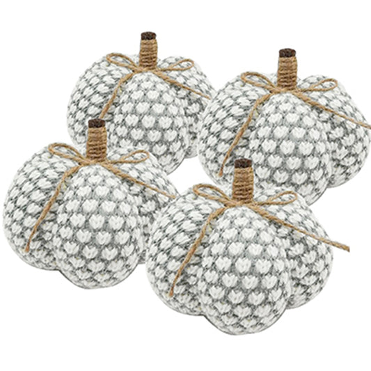 Set of  fabric pumpkins white and gray knitted heart pattern with jute stems and bows autumn decor
