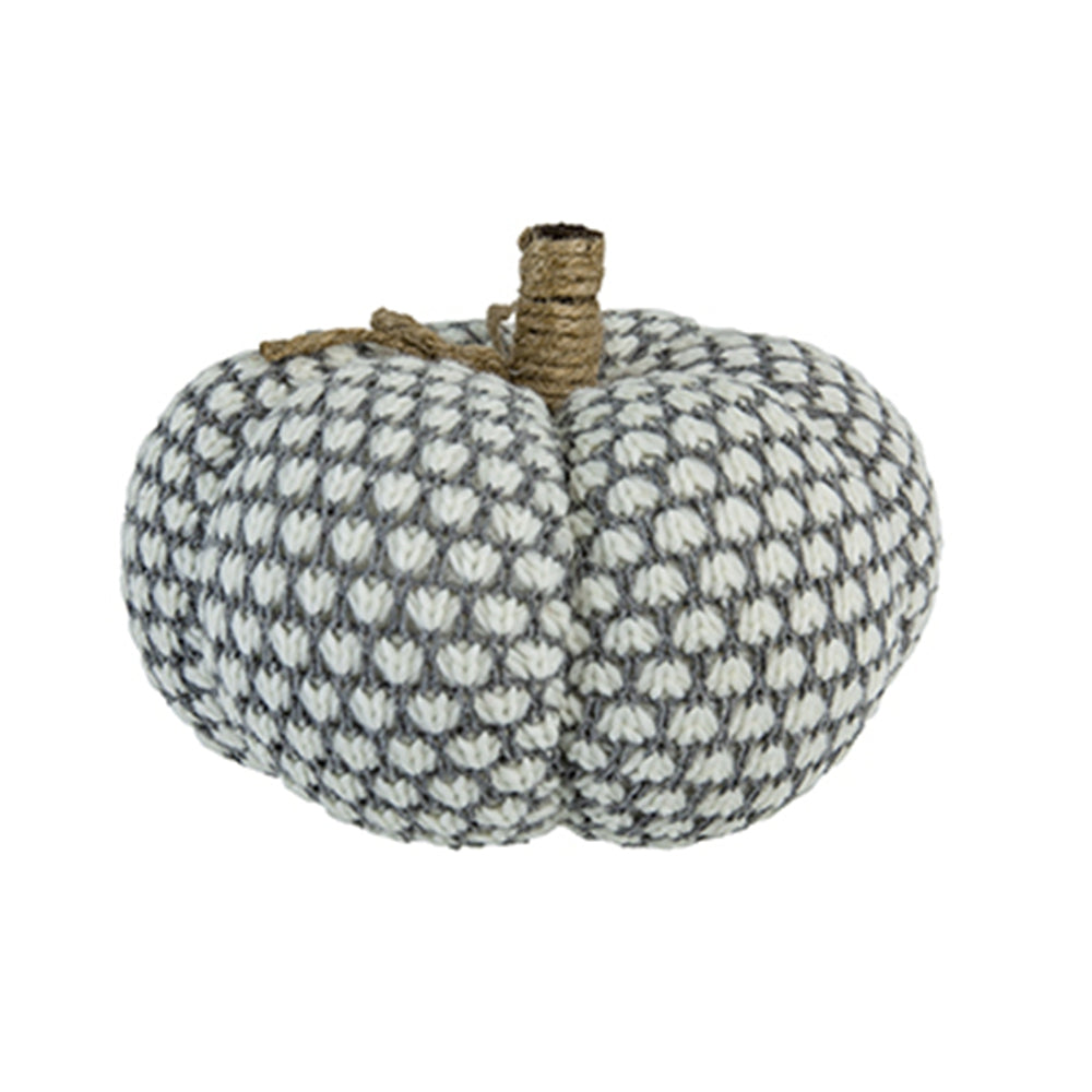 Gray and white textured knit pumpkin with rope stem ideal fall decor
