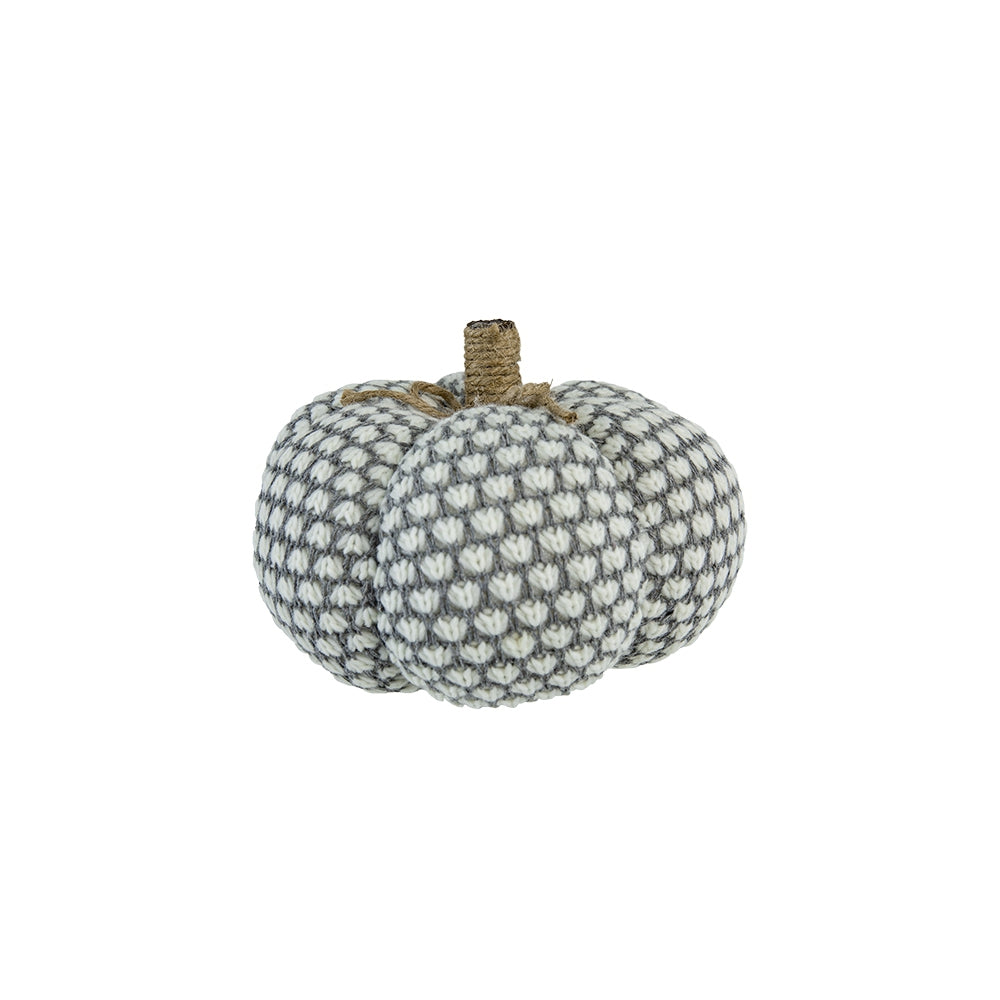 White and grey knitted pumpkin with jute stem for fall decor