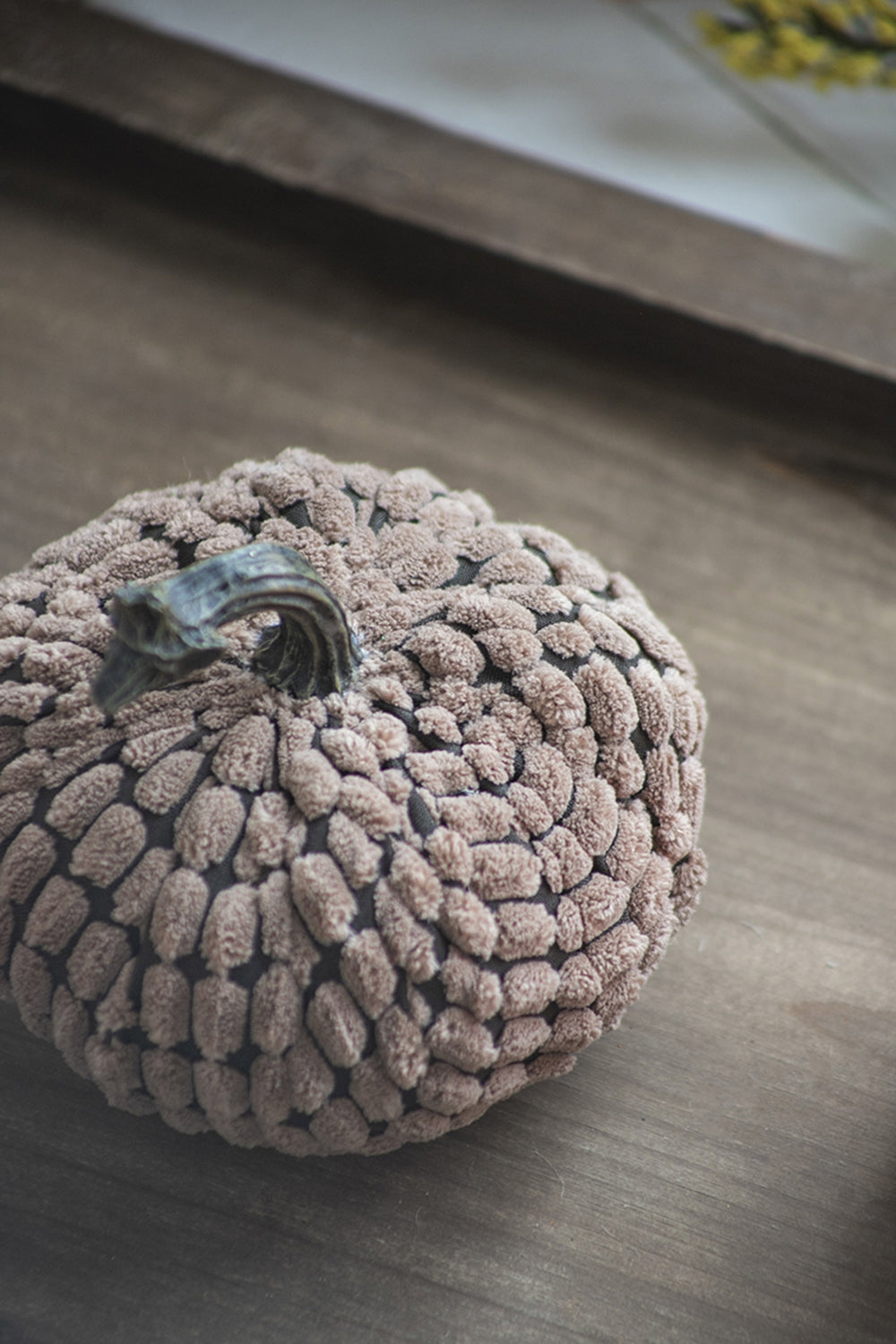 Textured taupe fabric pumpkin with dark stem perfect fall decor