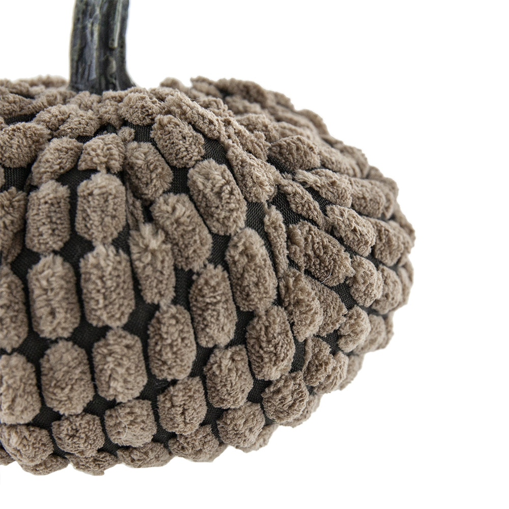 Plush taupe decorative pumpkin with textured bumpy surface and dark stem for autumn decor