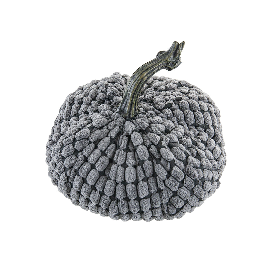 Textured grey decorative pumpkin with a rustic stem perfect for fall displays