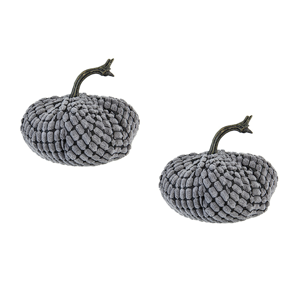 Two gray knit pumpkins with bronze stems perfect fall decor