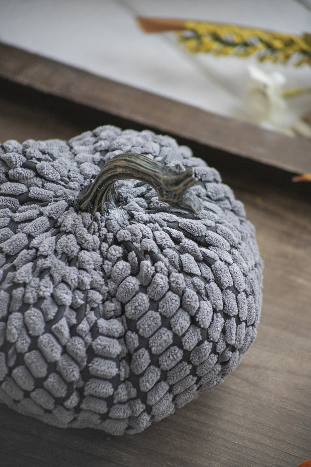 Textured grey pumpkin decorative accent with a realistic brown stem on wooden surface