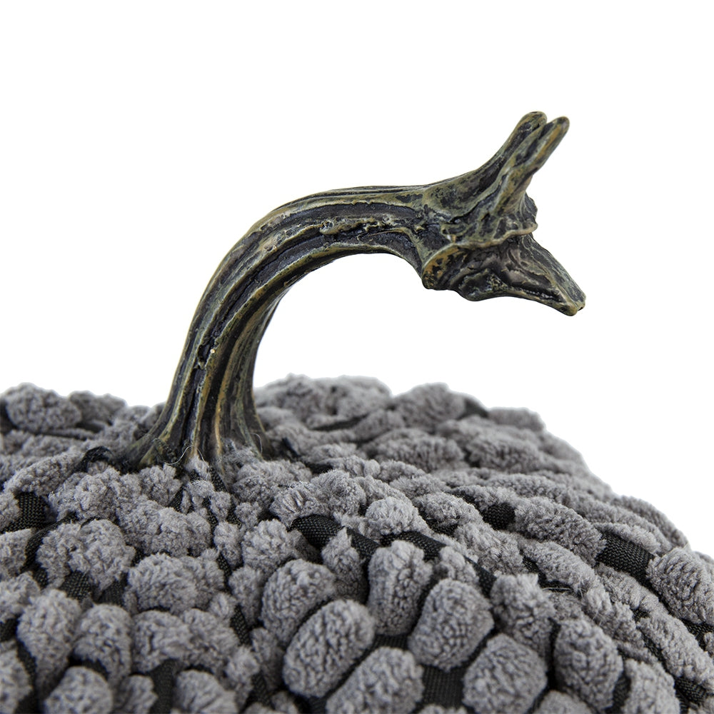 Textured gray pumpkin decoration with a rustic stem