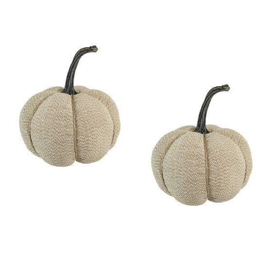 Two textured beige fabric pumpkins with dark brown stems perfect for autumn decor