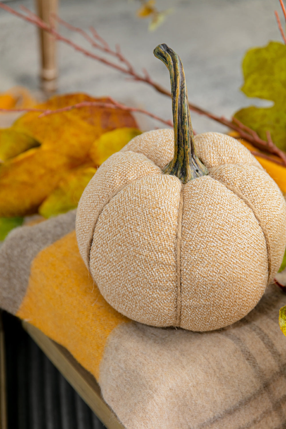 Textured beige decorative pumpkin with a striped throw blanket and autumn leaves