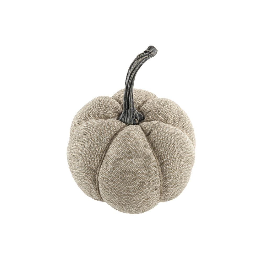 Textured beige fabric pumpkin with dark weathered stem for fall decor