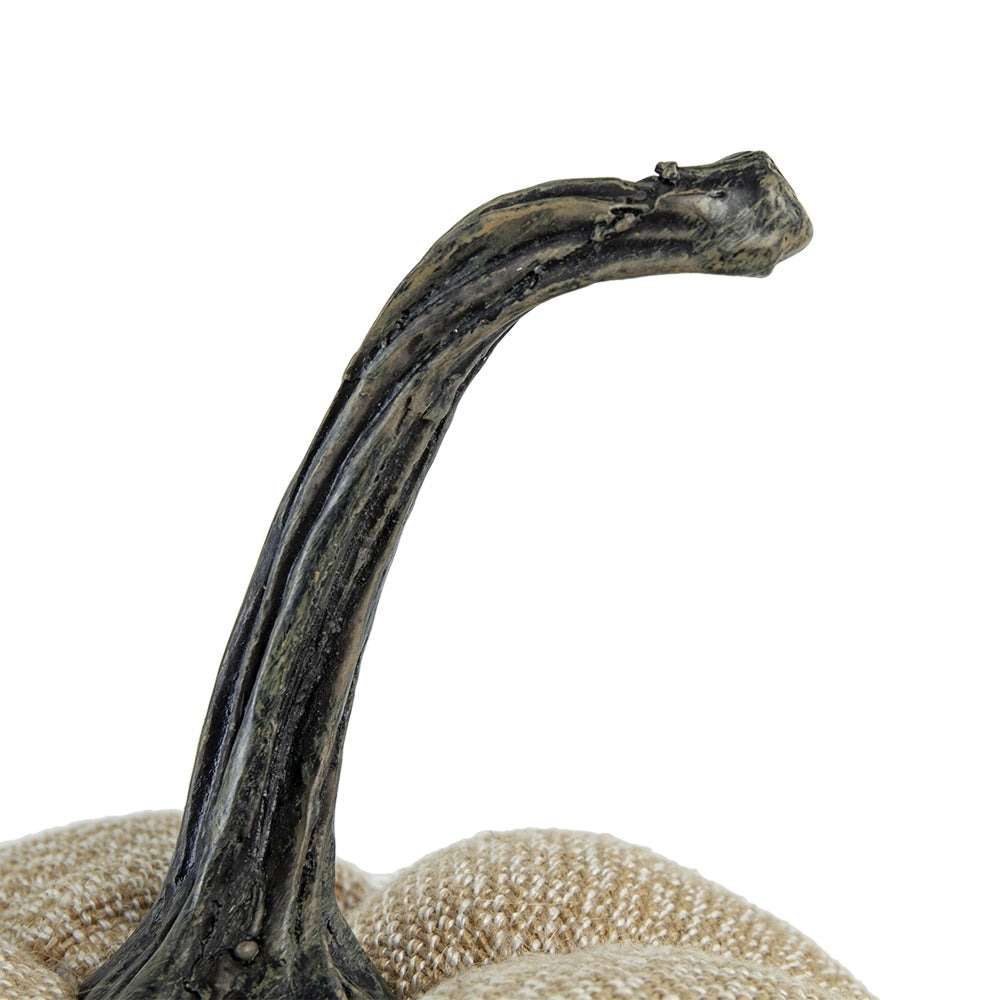 Closeup of a realistic faux pumpkin stem textured and brown against a white background