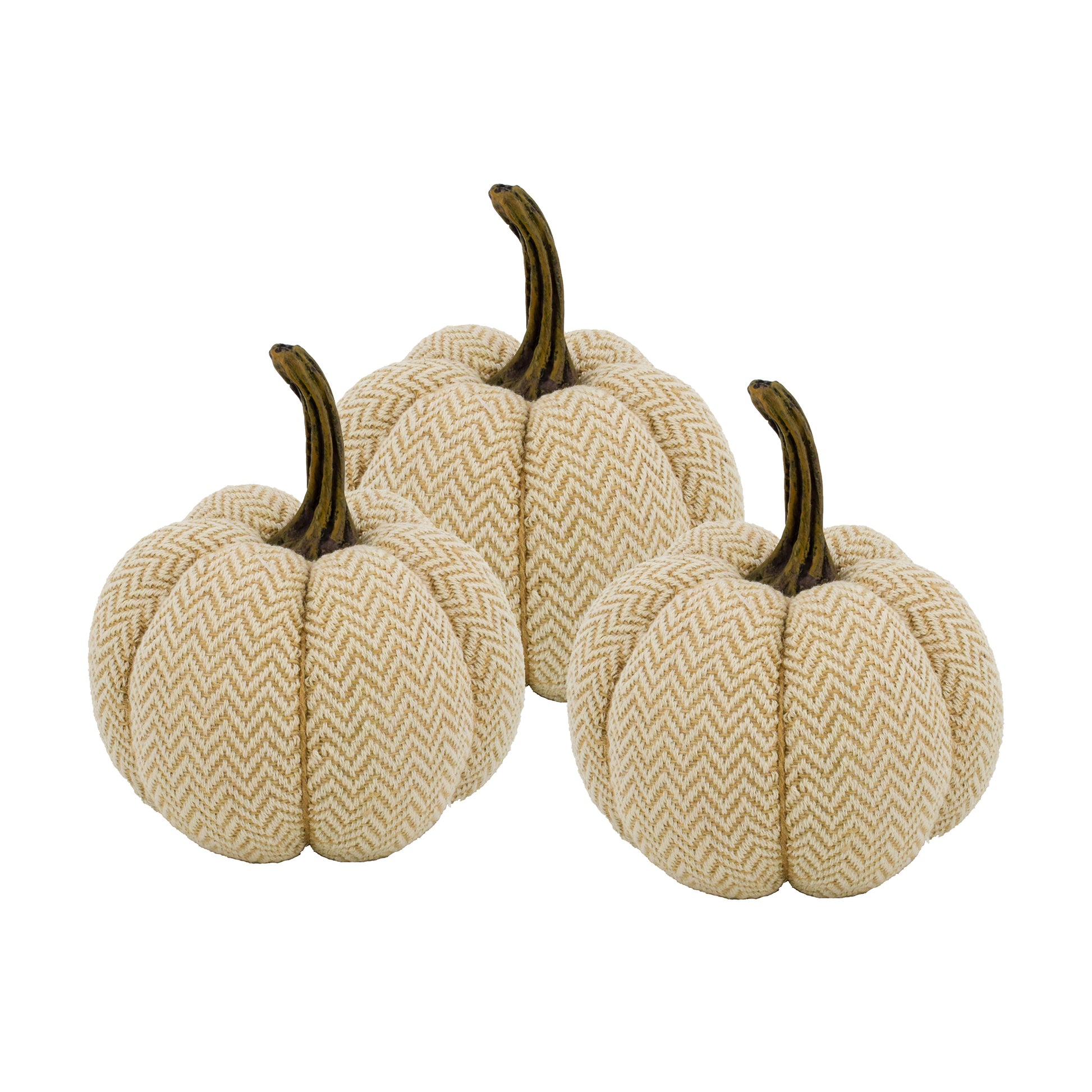Set of  beige fabric pumpkins with herringbone pattern and brown stems for fall decor