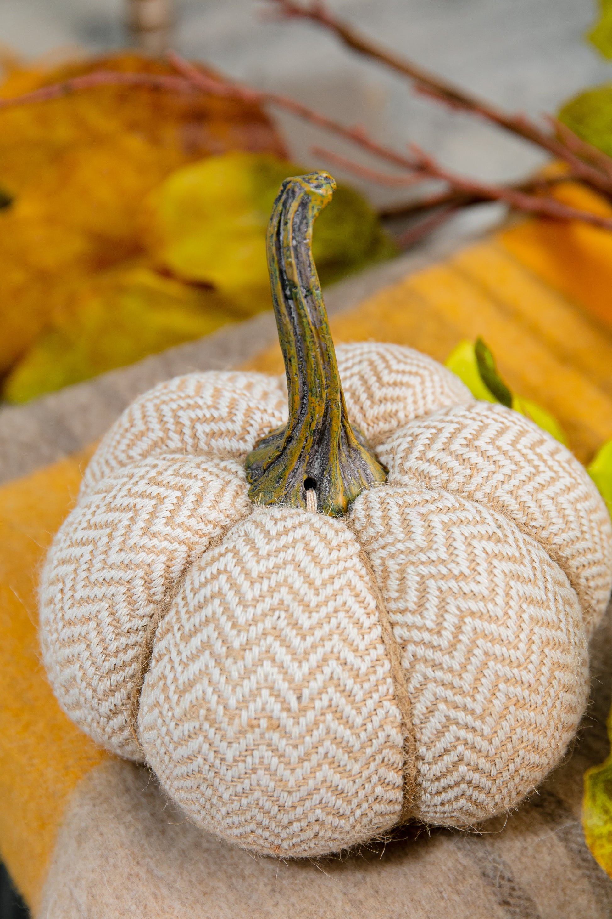 Textured fabric pumpkin with a chevron pattern realistic stem for fall decor