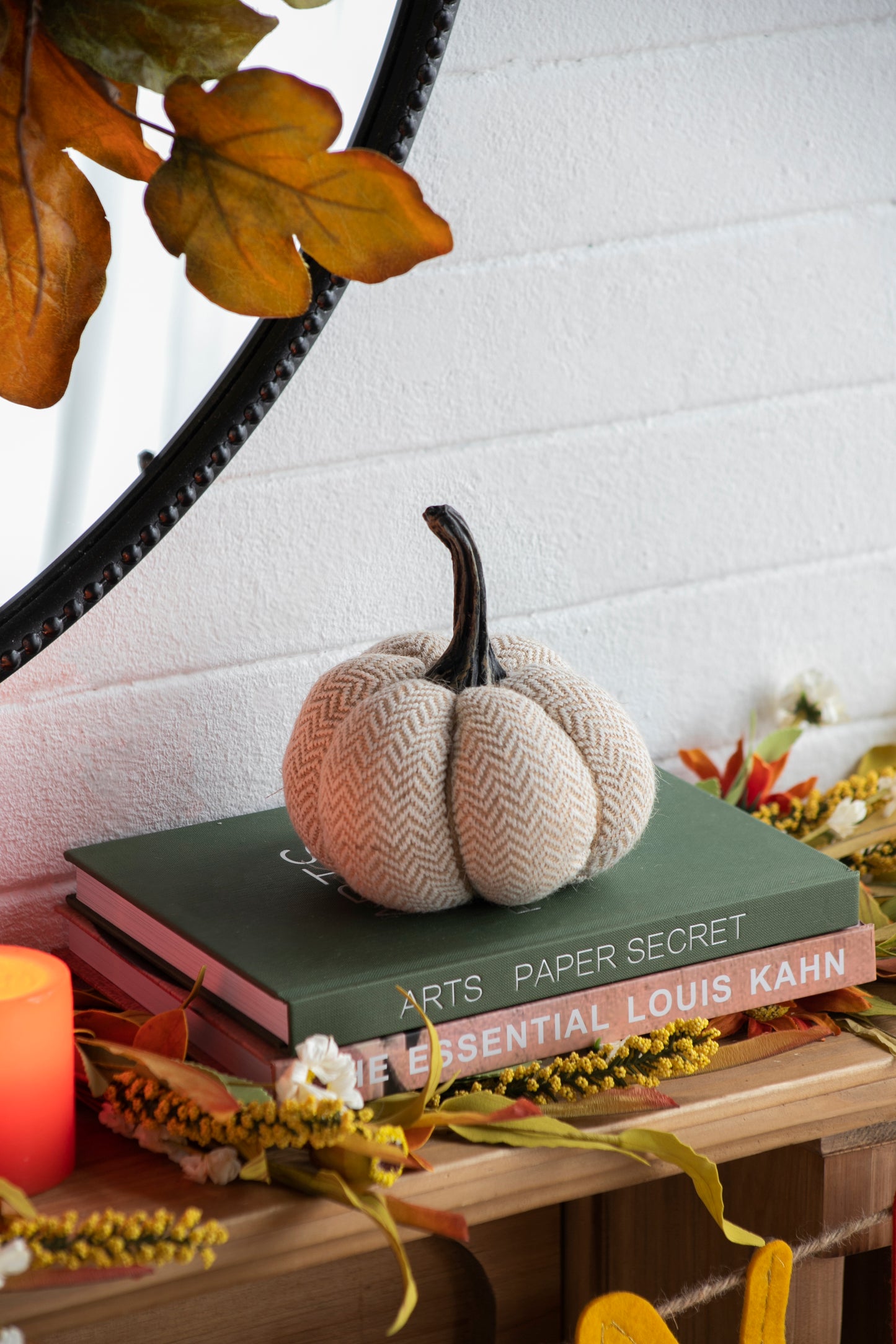 Textured beige fabric pumpkin with herringbone pattern perfect fall decor