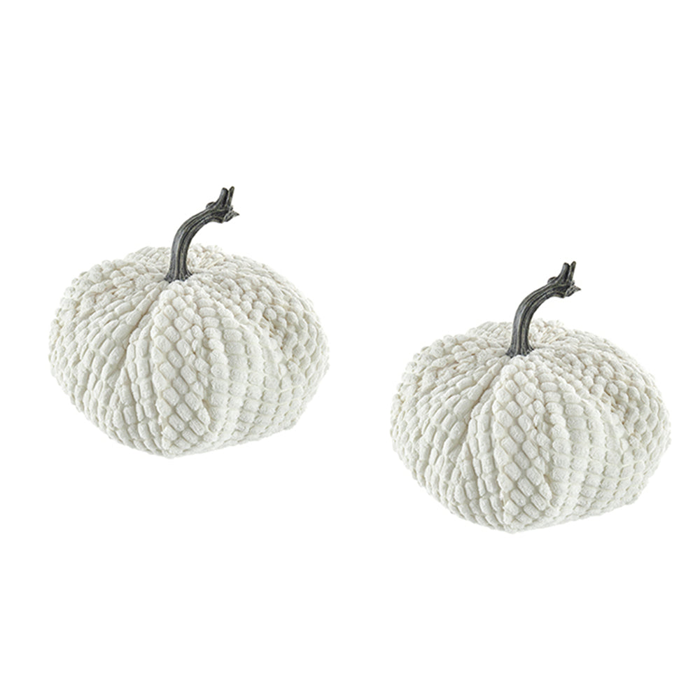 Two textured white decorative pumpkins with dark stems perfect for fall accents