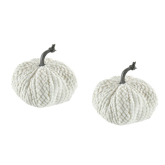 Two textured white decorative pumpkins with dark stems perfect for fall accents