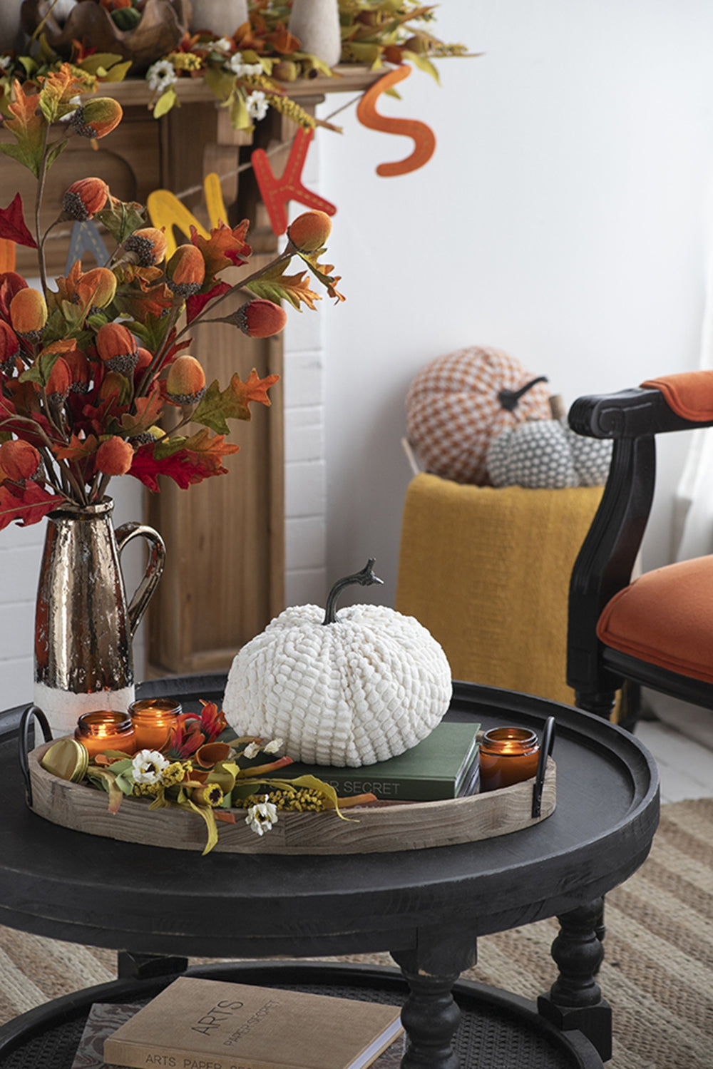 White textured pumpkin decor with dark stem on wooden tray festive Thanksgiving accent