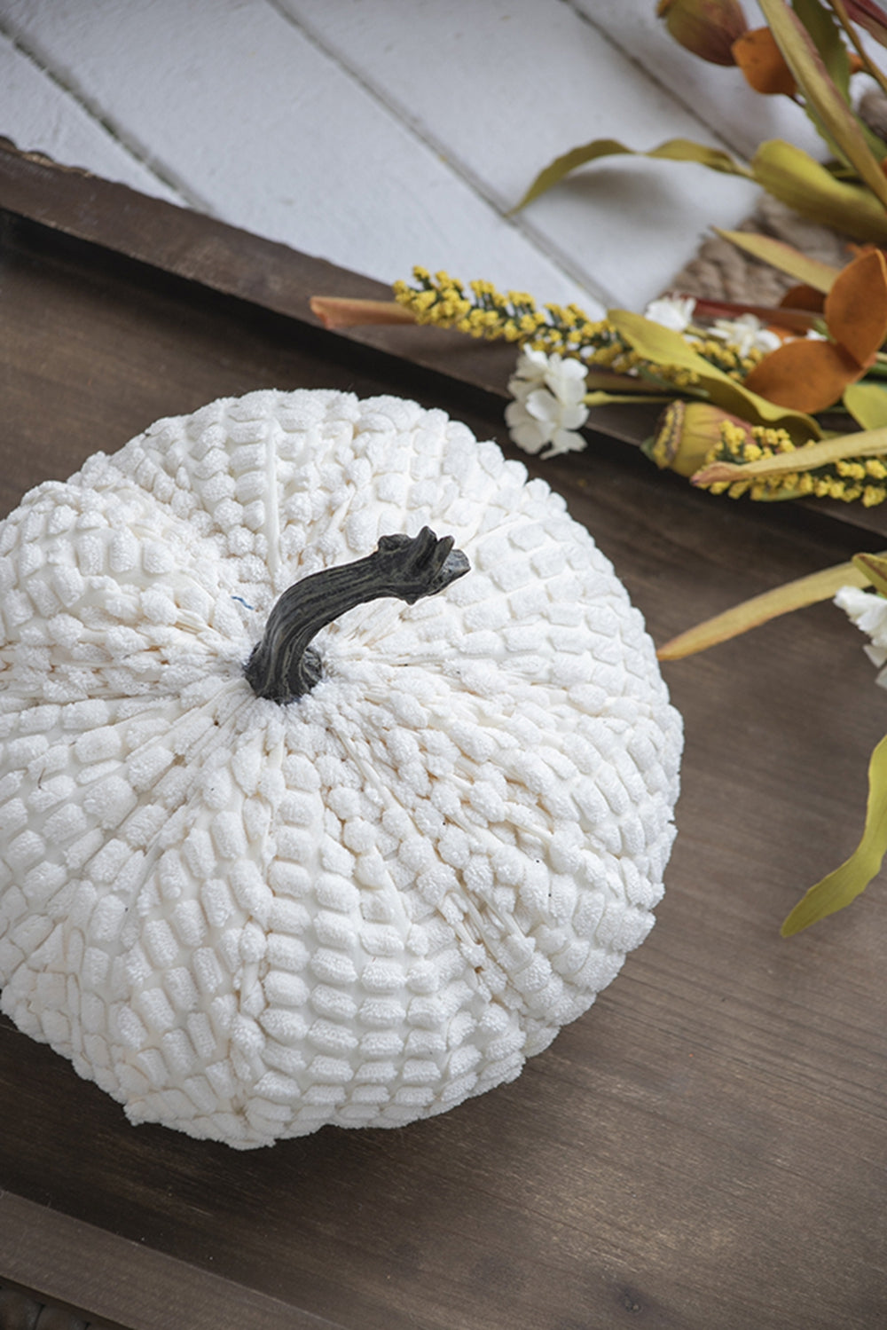 Textured white plush pumpkin with dark stem autumn decor accent