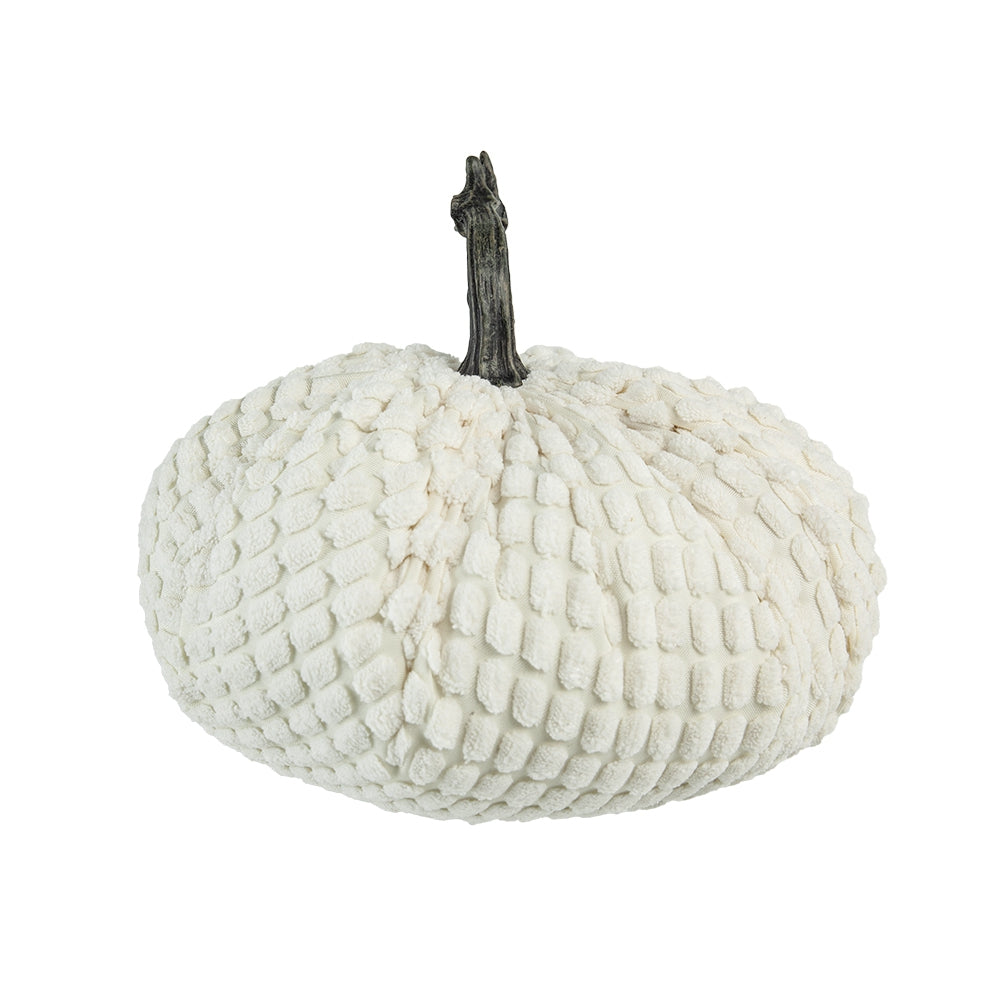 Textured white plush pumpkin with realistic dark stem for fall decor