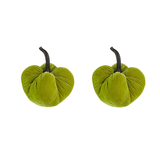Two lime green velvet pumpkins with black stems perfect for fall decor