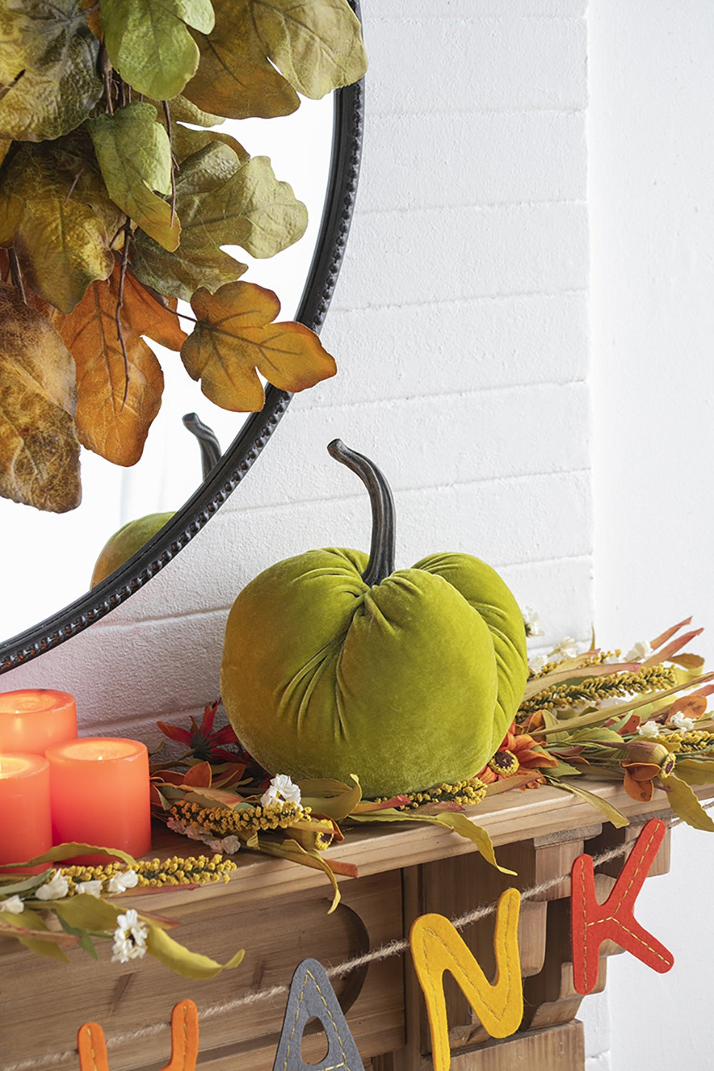 Plush velvet lime green pumpkin with dark stem perfect fall decor accent