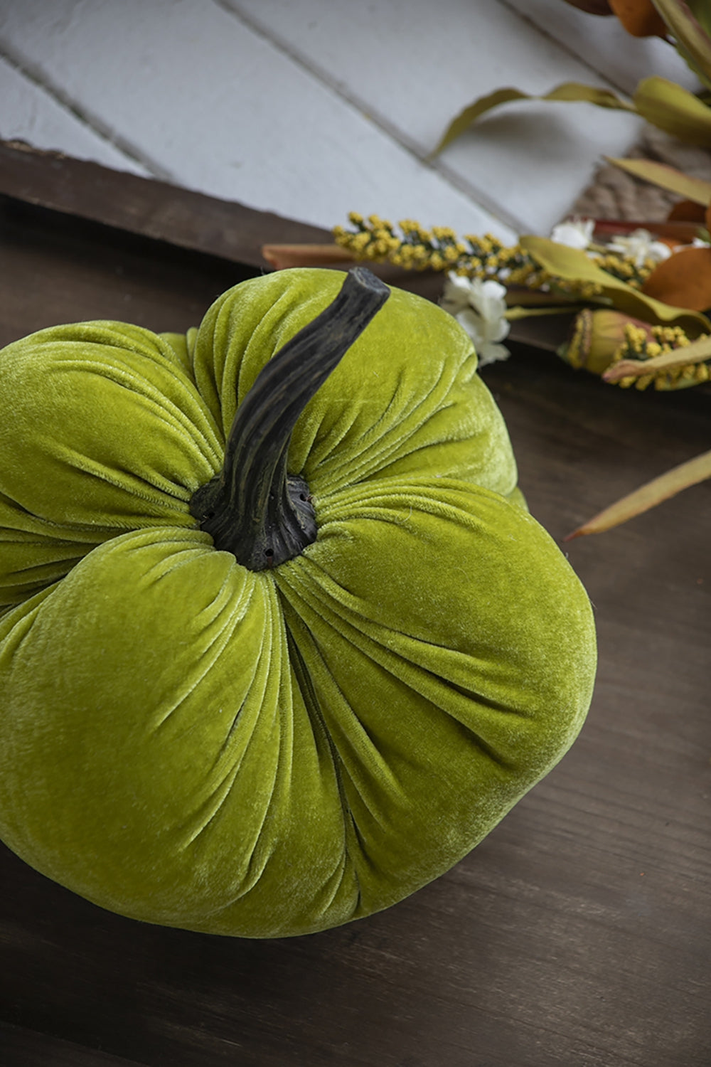 Textured lime green velvet pumpkin with a dark brown stem Perfect for fall decor