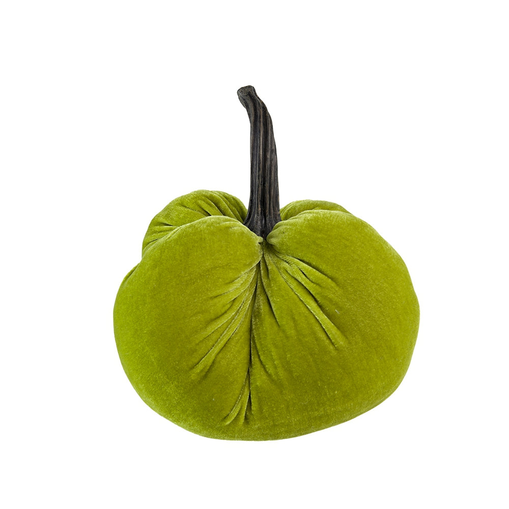 Plush green velvet pumpkin with a dark stem ideal for fall decor