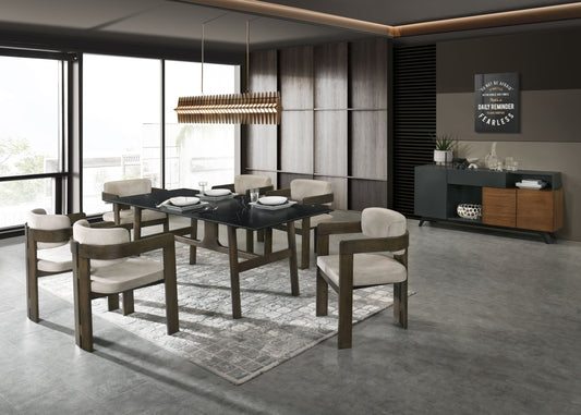 Modern dark wood dining chairs with plush cream upholstery perfect for contemporary dining rooms