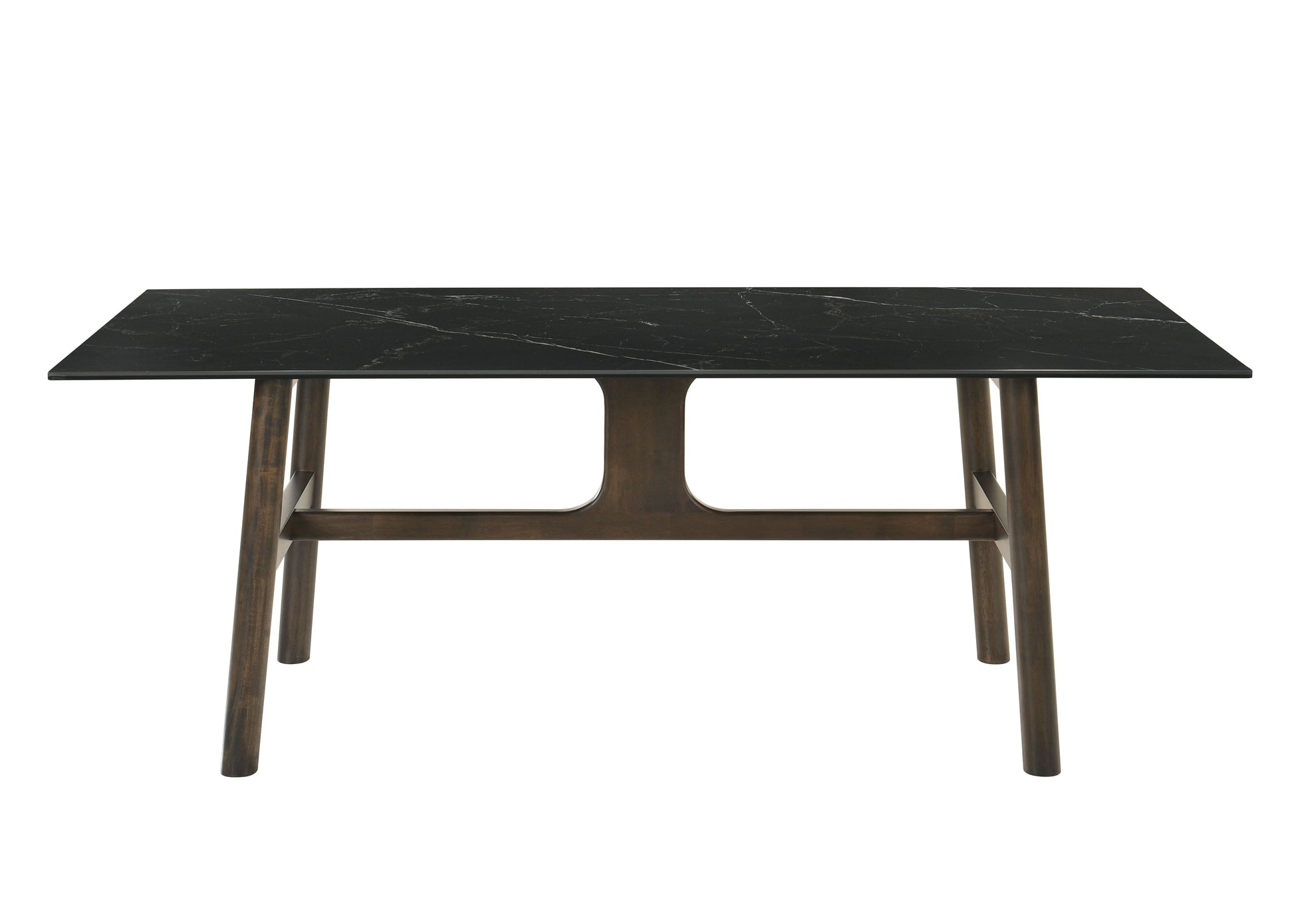 Rectangular black marble top dining table with dark wood legs and minimalist design