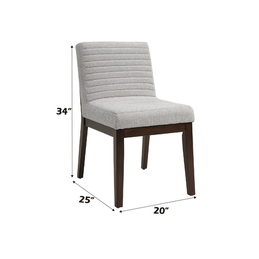 Light gray upholstered dining chair with horizontal stitching and dark wood legs  H
