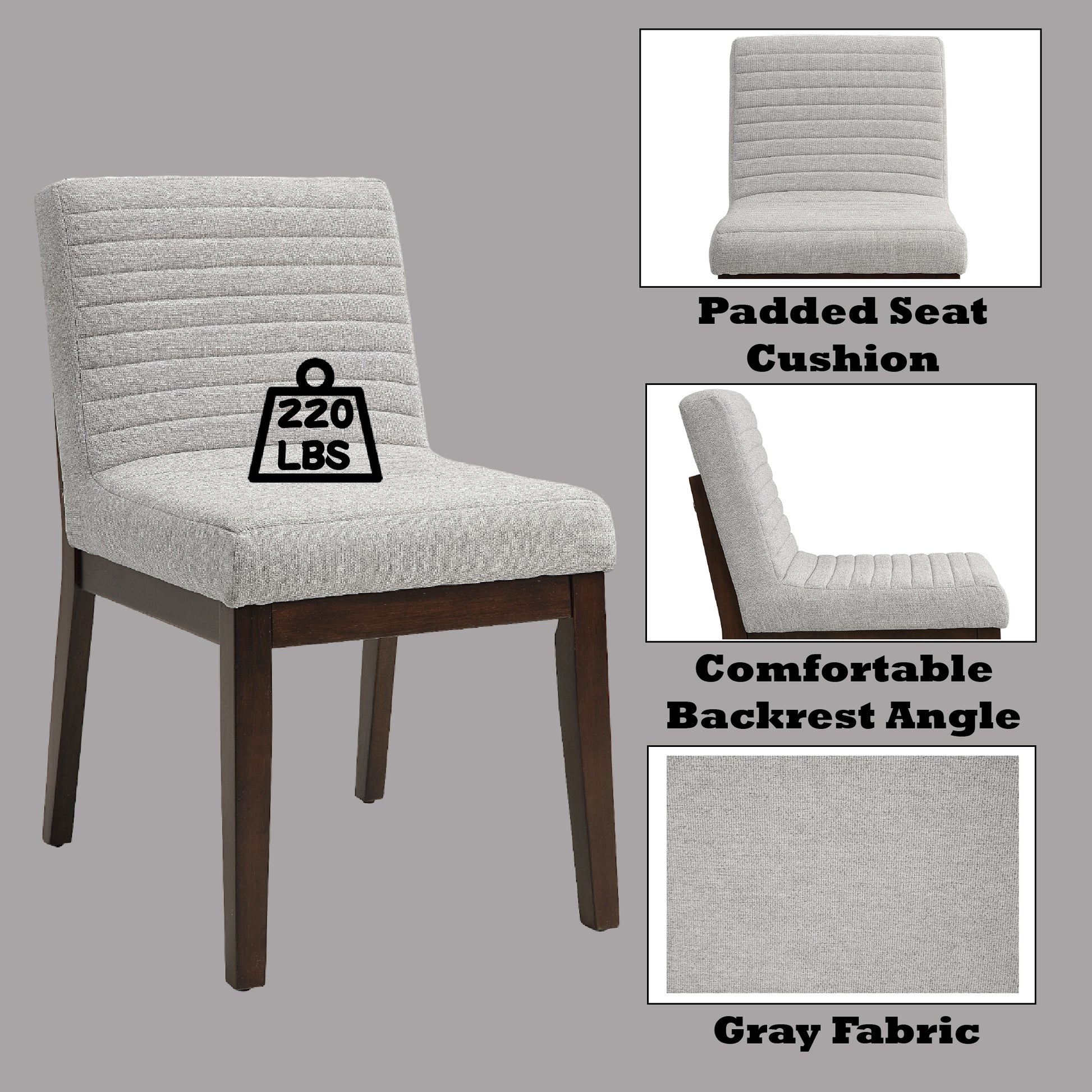Gray upholstered dining chair with padded seat and textured fabric